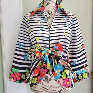 Retro Striped Floral Tie Front Summer Blouse 100% Cotton